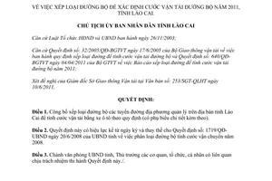 Quyết định 1584/QĐ-UBND 2011 xếp loại đường bộ xác định cước vận tải Lào Cai