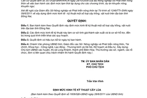Quyết định 1606/QĐ-UBND năm 2011 định mức kinh tế kỹ thuật cây trồng