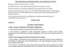Circular No. 15/2011/TT-BTTTT on prescribing the quality control of postal