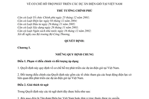 Quyết định 37/2011/QĐ-TTg cơ chế hỗ trợ phát triển các dự án điện gió