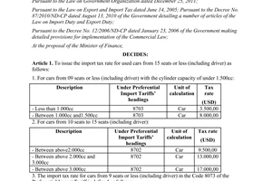 Decision No. 36/2011/QD-TTg on issuing import tax rate for used cars from 15 sea
