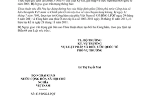 Thông báo hiệu lực Thỏa thuận sửa đổi Phụ lục Bảng đường bay Hiệp định