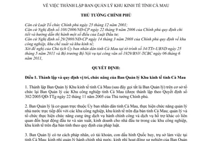 Quyết định 1010/QĐ-TTg thành lập Ban Quản lý Khu kinh tế tỉnh Cà Mau