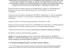 Circular No. 10/2011/TT-BKHCN amending and supplementing a number of provisions
