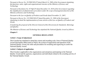 Circular No. 17/2011/TT-BKHCN regulations on national quality award