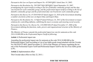 Circular No. 77/2011/TT-BTC amending preferential import tax rate for ammonia