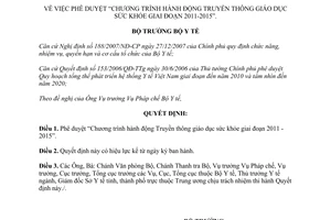 Quyết định 1827/QĐ-BYT năm 2011 Truyền thông giáo dục sức khỏe giai đoạn 2011 - 2015