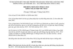 Nghị quyết 01/2011/NQ-HĐND mức thu học phí giáo dục mầm non phổ thông 2011 2012 Cà Mau