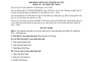 Nghị quyết 96/2011/NQ-HĐND kết quả bầu cử ủy ban nhân dân tỉnh Hưng Yên