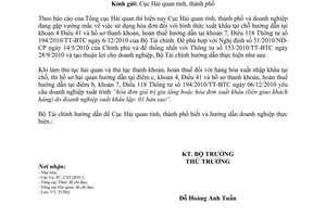 Công văn 7200/BTC-TCHQ  hướng dẫn bổ sung Điều 41 và Điều 118 Thông tư 194