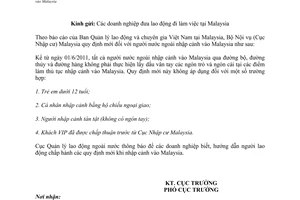 Công văn 733/QLLĐNN-QLLĐ quy định mới thủ tục nhập cảnh vào Malaysia
