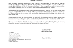 Công văn 1037/TTg-QHQT phê chuẩn Hiệp định vay Xây dựng tuyến tàu điện ngầm