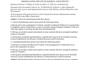 Circular No. 22/2011/TT-BTNMT setting criteria for identifying harmful alien