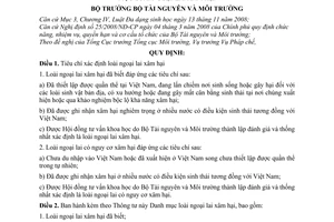 Thông tư 22/2011/TT-BTNMT tiêu chí xác định loài ngoại lai xâm hại