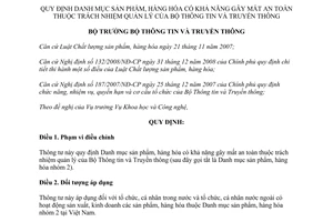 Thông tư 20/2011/TT-BTTTT sản phẩm, hàng hóa có khả năng gây mất an toàn