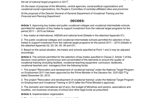Decision No. 826/QD-LDTBXH approval for key trades and school permitted for sele