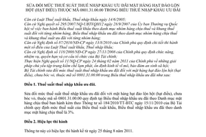 Thông tư 102/2011/TT-BTC sửa đổi mức thuế suất thuế nhập khẩu ưu đãi