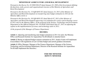 Decision No. 1585/QD-BNN-TC on adjusting and transferring state budget estimatio