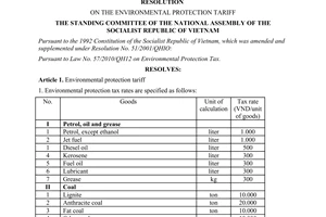 Resolution No. 1269/2011/UBTVQH12 on the environmental protection tariff
