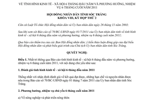 Nghị quyết 14/2011/NQ-HĐND tình hình kinh tế xã hội 6 tháng đầu phương hướng 6 tháng cuối 2011 Sóc Trăng