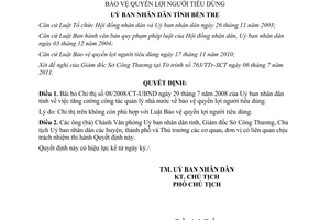 Quyết định 1600/QĐ-UBND quản lý nhà nước về bảo vệ ngừơi tiêu dùng tỉnh Bến Tre
