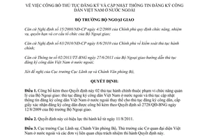 Quyết định 2013/QĐ-BNG 2011 thủ tục đăng ký cập nhật thông tin công dân Việt Nam ở nước ngoài