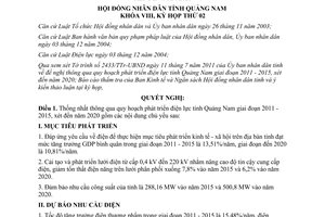 Nghị quyết 11/2011/NQ-HĐND quy hoạch phát triển điện lực tỉnh Quảng Nam