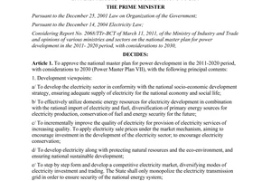 Decision No. 1208/QD-TTg approving the national master plan for power developmen