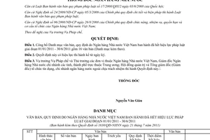 Quyết định 1630/QĐ-NHNN công bố Danh mục văn bản, quy định đã hết hiệu lực