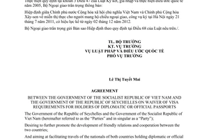 Thông báo hiệu lực Hiệp định miễn thị thực người mang hộ chiếu ngoại giao