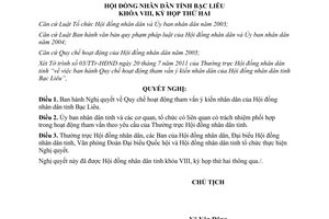 Nghị quyết 35/NQ-HĐND 2011 hoạt động tham vấn ý kiến nhân dân Bạc Liêu