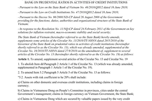 Circular No. 22/2011/TT-NHNN on the amendment, supplement of several articles