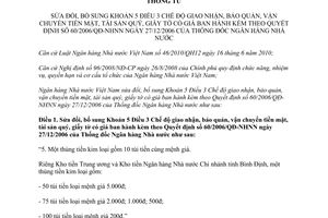 Thông tư 21/2011/TT-NHNN sửa đổi Khoản 5 Điều 3 Chế độ giao nhận, bảo quản