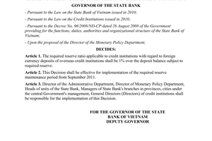 Decision No. 1972/QD-NHNN on the required reserve ratio applicable to credit