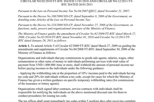 Circular No. 113/2011/TT-BTC amending and supplementing Circular No.62/2009/TT-B