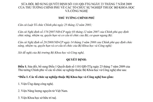 Quyết định 1343/QĐ-TTg  sửa đổi Điều 1 Quyết định 1101/QĐ-TTg