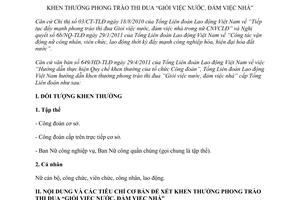 Hướng dẫn 1270/HD-TLĐ khen thưởng phong trào thi đua Giỏi việc nước