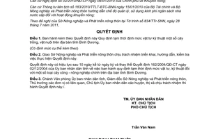 Quyết định 18/2011/QĐ-UBND định mức vật tư kỹ thuật cây trồng vật nuôi Bình Dương