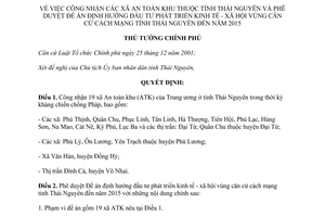 Quyết định 1379/QĐ-TTg  công nhận xã an toàn khu thuộc tỉnh Thái Nguyên