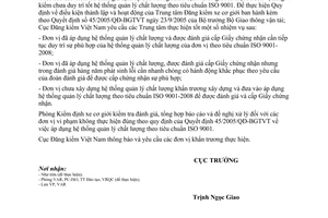 Công văn 1115/ĐKVN-VAR  chưa duy trì tốt hệ thống quản lý chất lượng