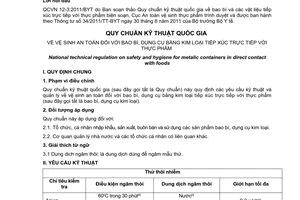 Quy chuẩn kỹ thuật Quốc gia QCVN 12-3:2011/BYT về vệ sinh an toàn đối với bao bì, dụng cụ bằng kim loại tiếp xúc trực tiếp với thực phẩm do Bộ trưởng Bộ Y tế ban hành