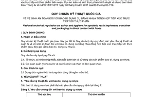 Quy chuẩn kỹ thuật Quốc gia QCVN 12-1:2011/BYT về an toàn vệ sinh đối với bao bì, dụng cụ bằng nhựa tổng hợp tiếp xúc trực tiếp với thực phẩm do Bộ trưởng Bộ Y tế ban hành