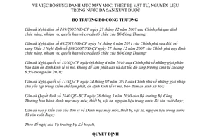 Quyết định 4119/QĐ-BCT bổ sung Danh mục máy móc, thiết bị, vật tư
