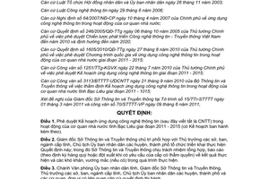 Quyết định 2213/QĐ-UBND 2011 ứng dụng công nghệ thông tin cơ quan nhà nước Bạc Liêu