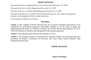 Decision No. 44/2011/QD-TTg promulgating lists of priority programs, projects