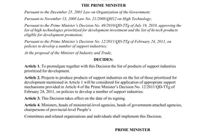 Decision No. 1483/QD-TTg promulgating the list of products of support industries