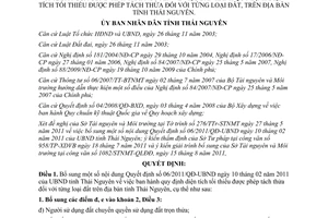 Quyết định 42/2011/QĐ-UBND diện tích tối thiểu được phép tách thửa Thái Nguyên