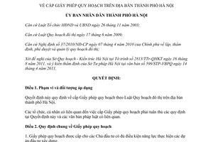 Quyết định 27/2011/QĐ-UBND cấp Giấy phép quy hoạch trên địa bàn Thành phố Hà Nội