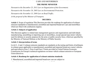 Decision No. 49/2011/QD-TTg providing the roadmap for application of exhaust
