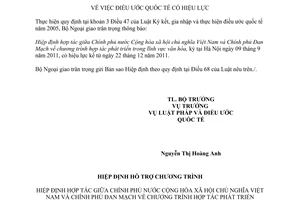 Thông báo hiệu lực Hiệp định hợp tác Chương trình hợp tác phát triển